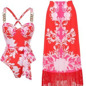 Contrast Print Swimsuit and Matching Skirt from Flaxmaker